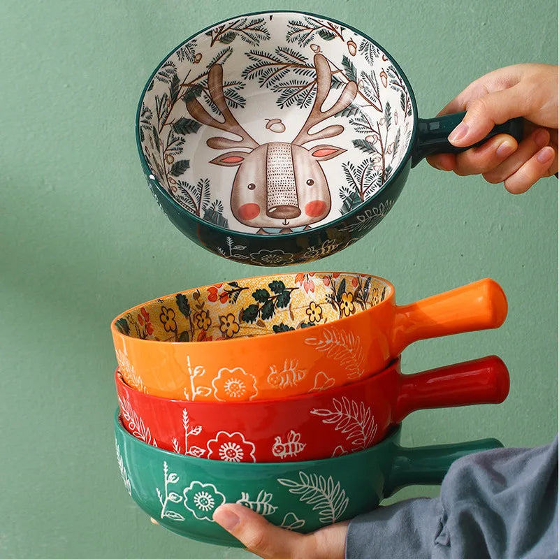 Japanese Cartoon Salad Ceramic Handle Bowl Noodles Bowl Cute Animal Pattern Handle Bowl Breakfast Creative Bureau Rice Bowl