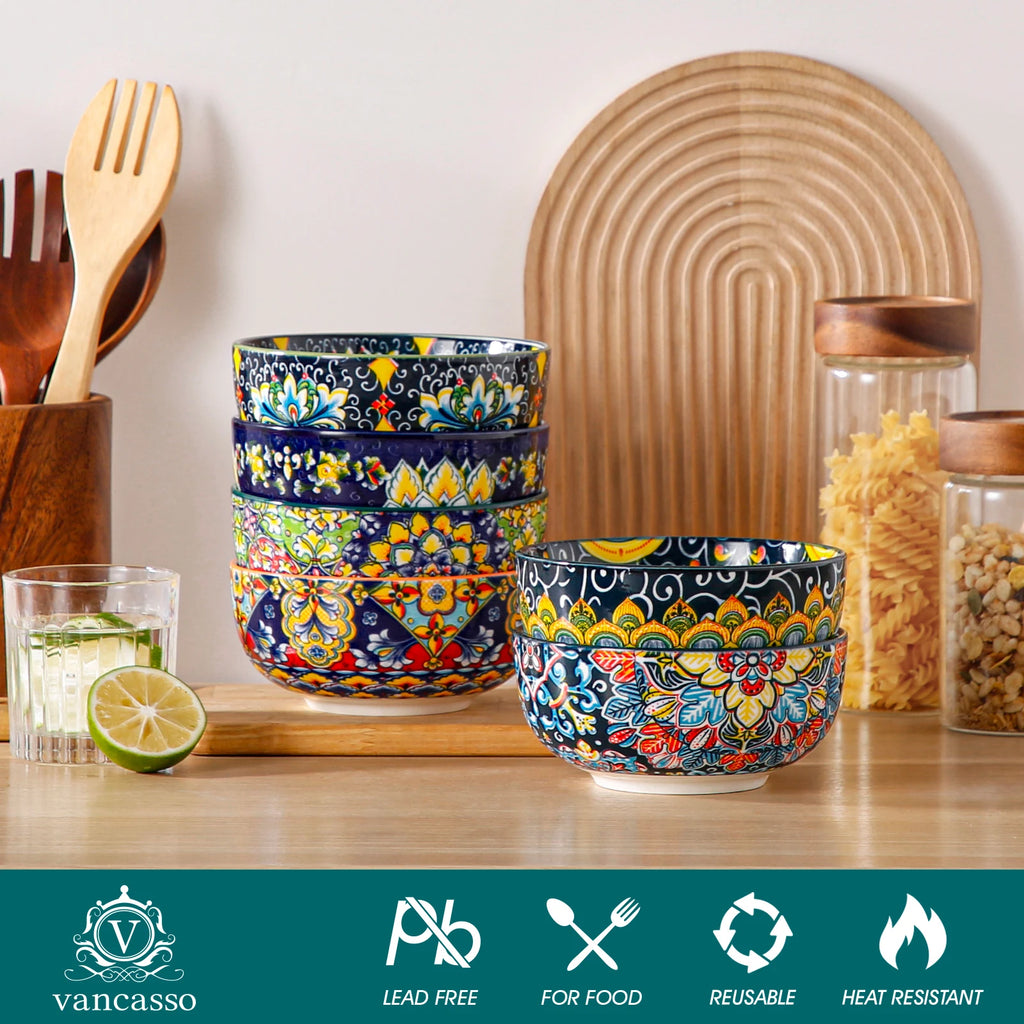 vancasso 6/12 Piece Cereal Bowls Set 28 Oz Ceramic Soup Bowls Bohemian style for Salad/Pasta/Rice/Oatmeal/Fruit/Cereal for  6