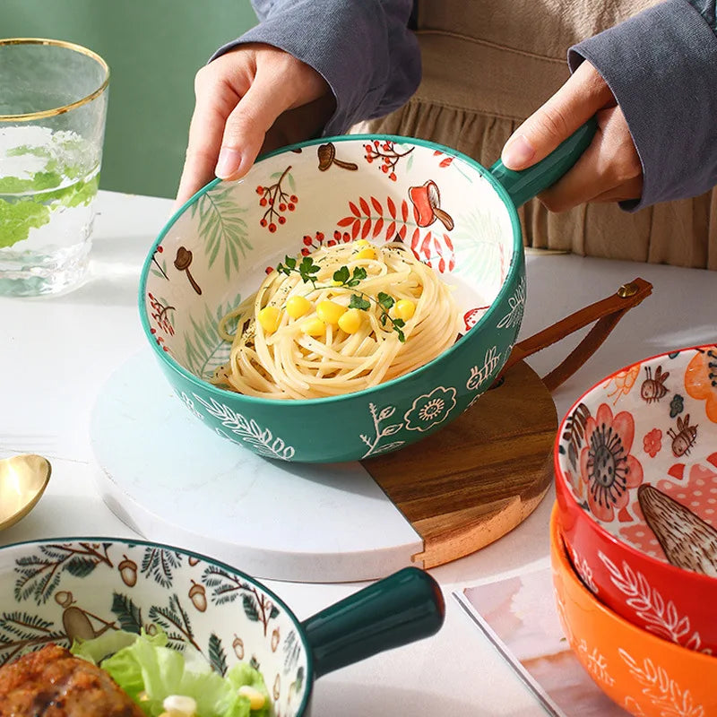 Japanese Cartoon Salad Ceramic Handle Bowl Noodles Bowl Cute Animal Pattern Handle Bowl Breakfast Creative Bureau Rice Bowl